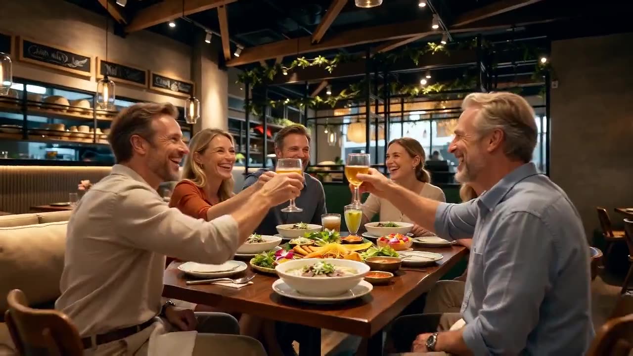 Mood image: diners raising a toast around a table of bowls and dishes