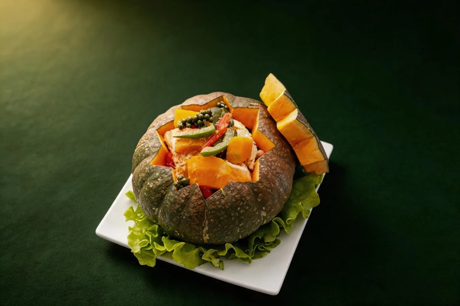 Red curry cod served in a pumpkin, on a white plate with lettuce, dark green background